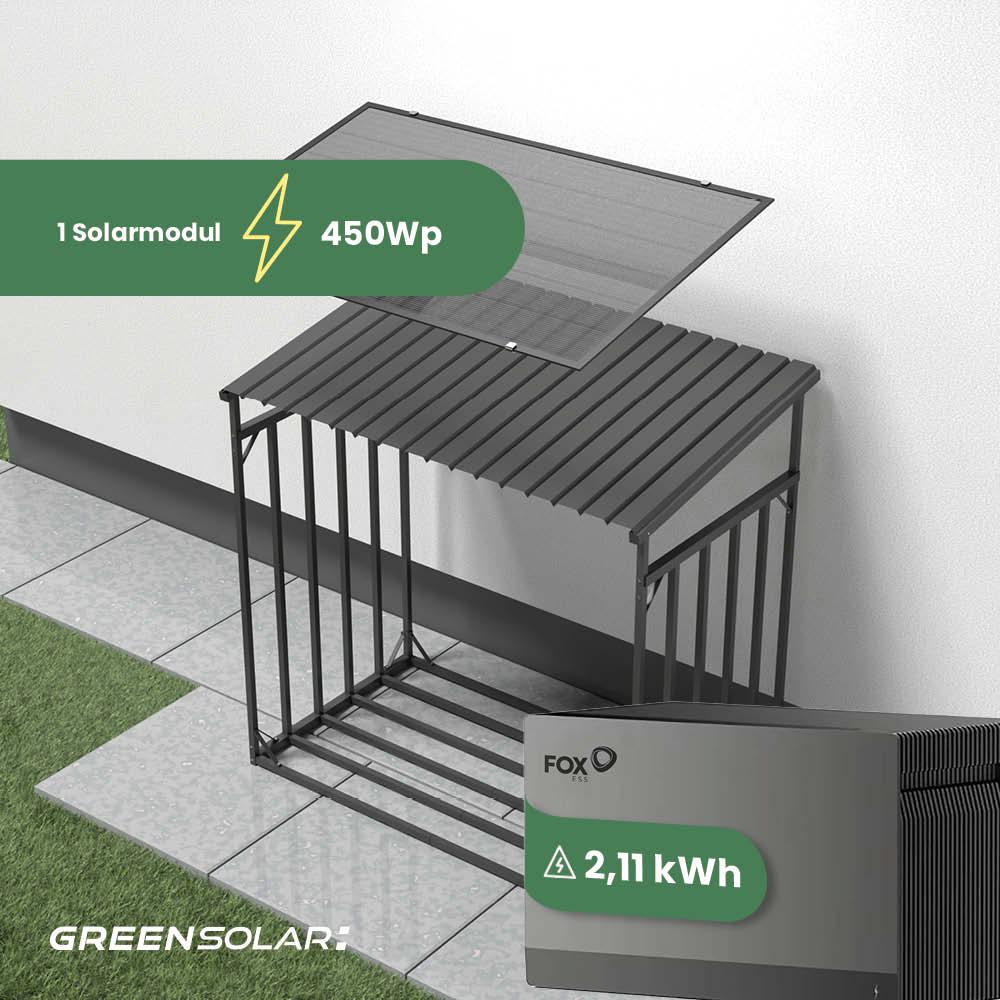 Kaminholzregal mit Balkonkraftwerk 450 Wp und Batteriespeicher Avocado Home Base 2 inkl. Plane