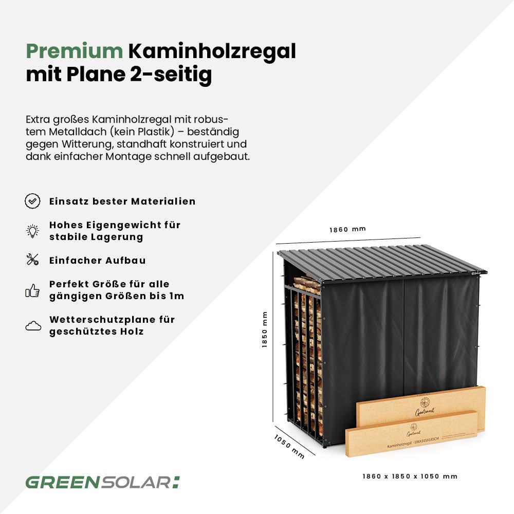 Kaminholzregal mit Balkonkraftwerk 450 Wp und Batteriespeicher Avocado Home Base 2 inkl. Plane – Bild 3