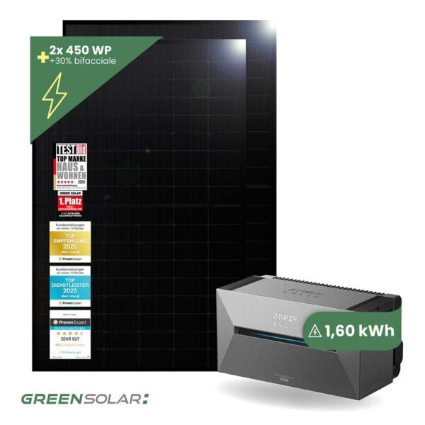 Balkonkraftwerk Basic 900/800 bifazial mit Balkonkraftwerkspeicher 1,6kWh "Solarbank 2 E1600 AC"