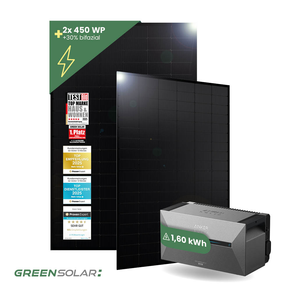 Balkonkraftwerk Basic 900/800 bifazial mit Balkonkraftwerkspeicher 1,6kWh "Solarbank 2 E1600 AC"