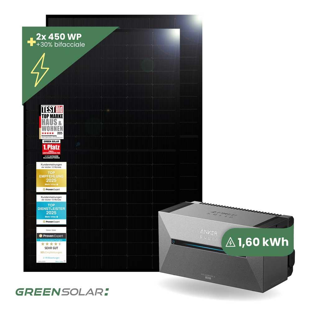 Balkonkraftwerk Basic 900/800 bifazial mit Balkonkraftwerkspeicher 1,6kWh "Solarbank 2 E1600 AC"