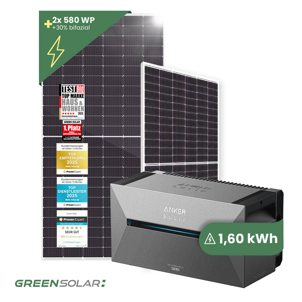 Balkonkraftwerk Basic 1160/800 bifazial mit Balkonkraftwerkspeicher 1,60kWh “Anker SOLIX Solarbank 2 E1600 Pro”