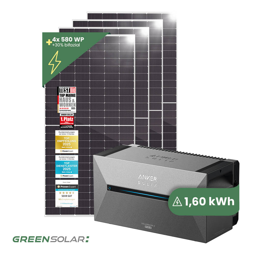 Balkonkraftwerk Basic 2320/800 bifazial mit Balkonkraftwerkspeicher 1,60kWh “Anker SOLIX Solarbank 2 E1600 Pro”