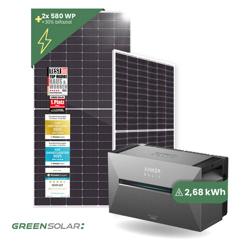 Solarkraftwerk Basic 1160/800 silver bifazial mit Balkonkraftwerkspeicher 2,7kWh "Anker SOLIX Solarbank 3 E-2700 Pro"