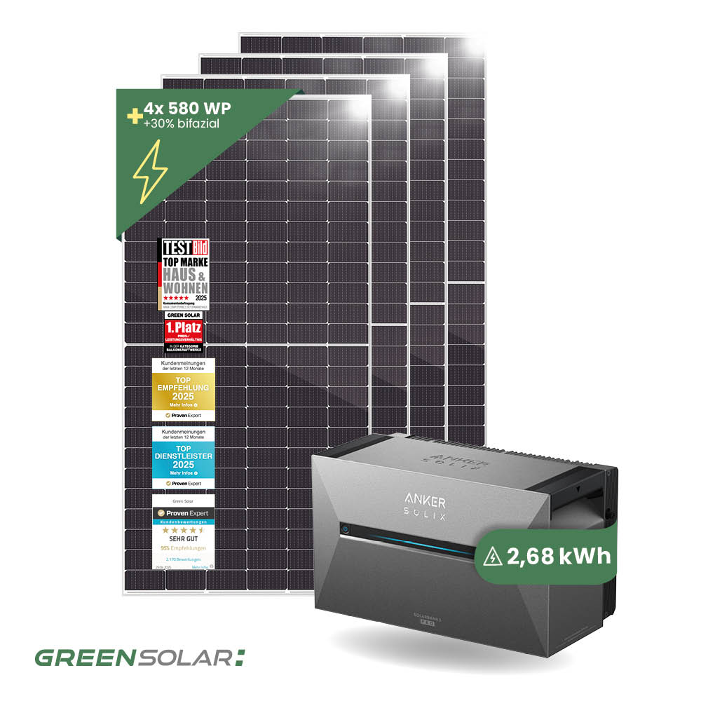 Solarkraftwerk Basic 2320/800 silver bifazial mit Balkonkraftwerkspeicher 2,7kWh “Anker SOLIX Solarbank 3 E-2700 Pro”