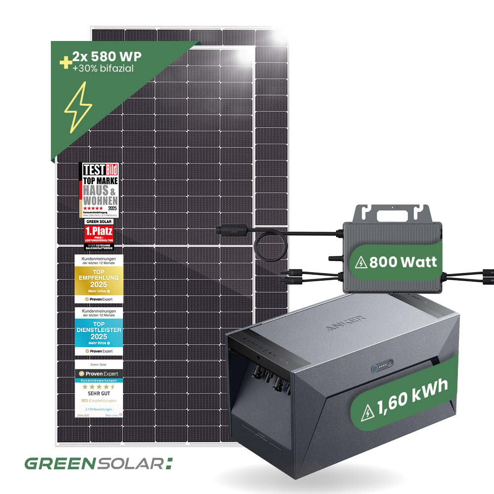 Balkonkraftwerk Basic 1160/800 silver bifazial mit Balkonkraftwerkspeicher 1,6kWh “Anker SOLIX Solarbank 1 E1600”