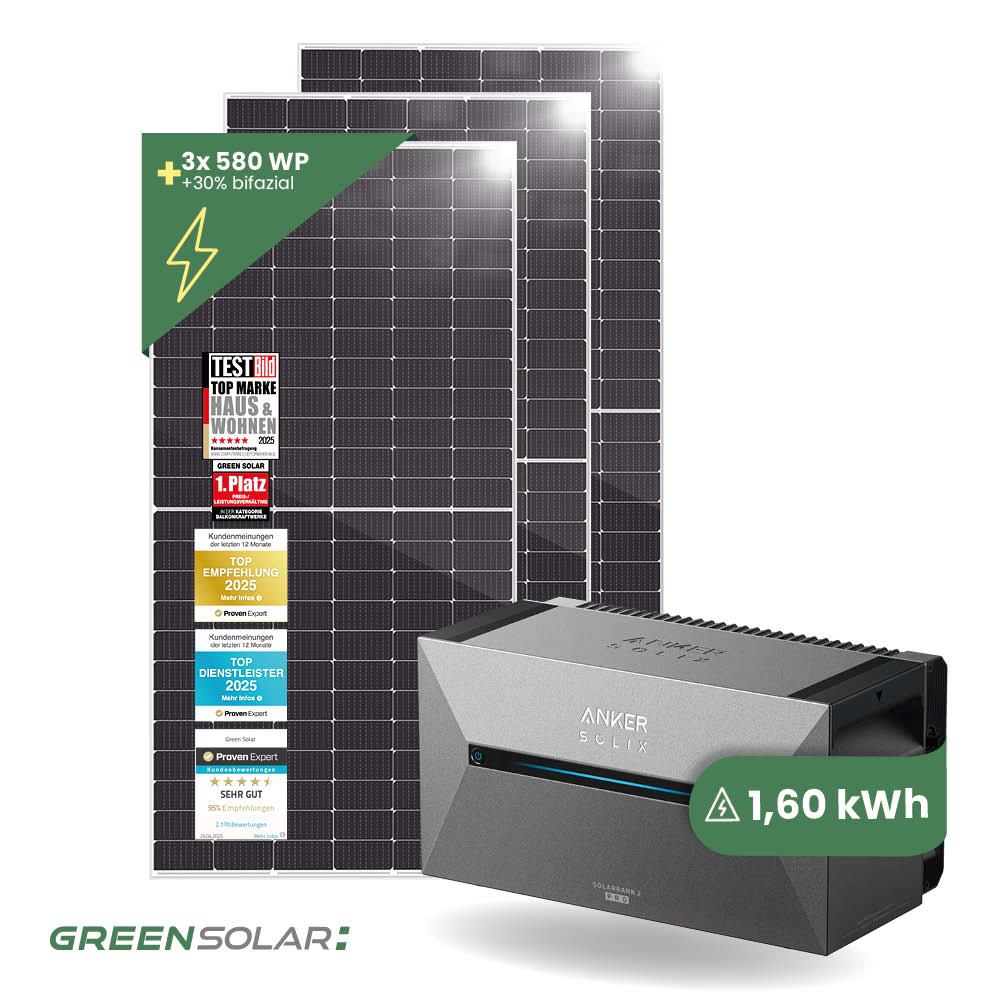 Solarkraftwerk Basic 1740/800 silver bifazial mit Balkonkraftwerkspeicher Anker SOLIX Solarbank 2