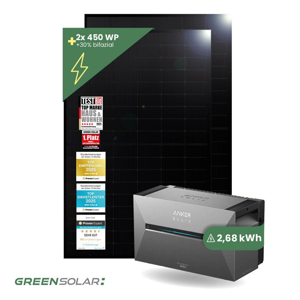 Balkonkraftwerk Basic 900/800 bifazial mit Balkonkraftwerkspeicher 2,7kWh "Anker SOLIX Solarbank 3 E-2700 Pro"
