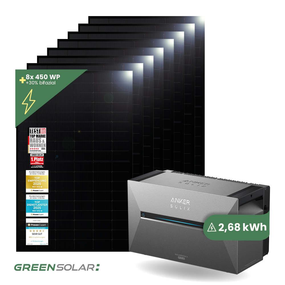 Balkonkraftwerk Basic 3600/800 black bifazial mit Balkonkraftwerkspeicher 2,7kWh "Anker SOLIX Solarbank 3 E-2700 Pro"