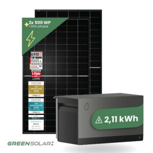 Balkonkraftwerk Basic 1000/800 black bifazial mit Balkonkraftwerkspeicher 2,11 kWh