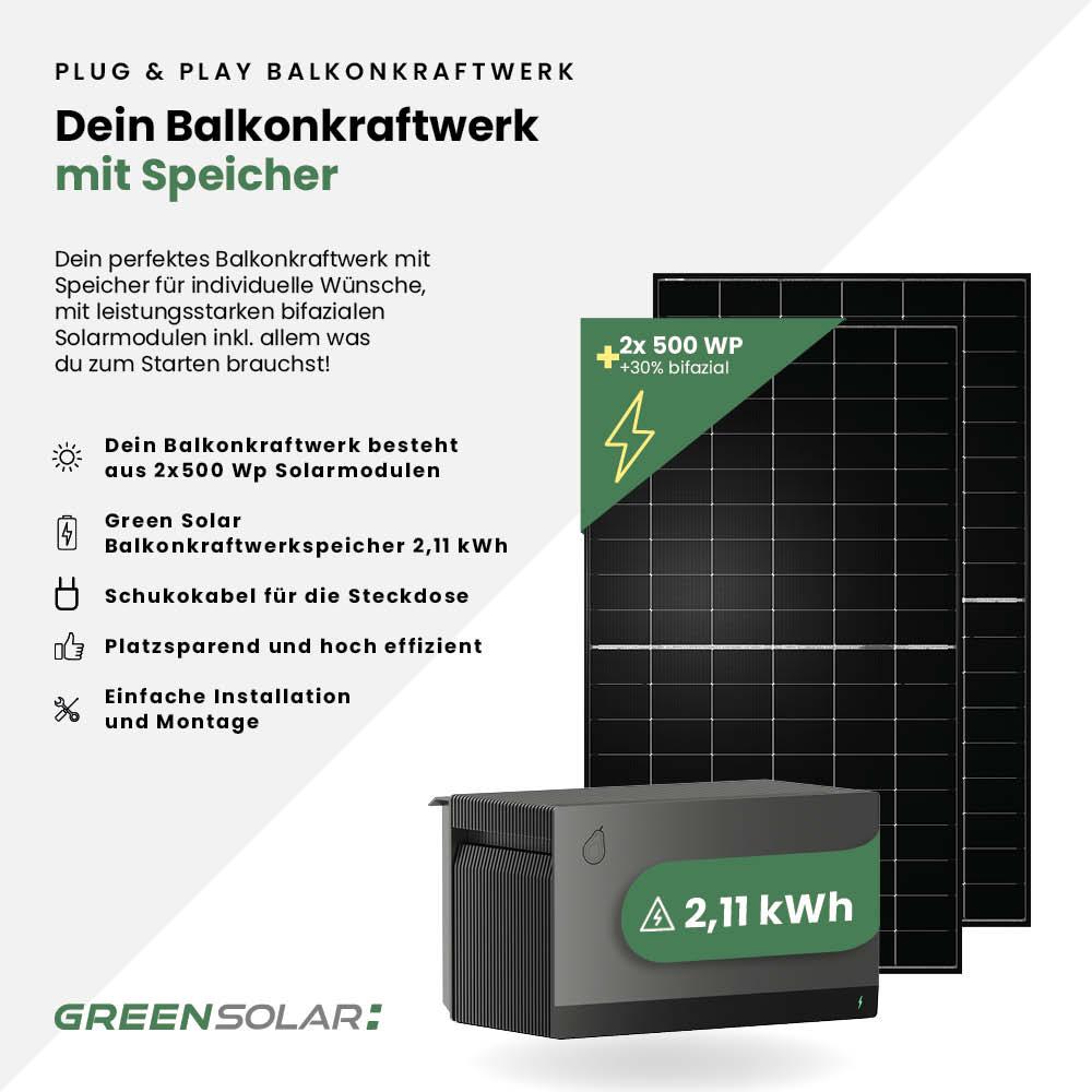 Balkonkraftwerk Basic 1000/800 black bifazial mit Balkonkraftwerkspeicher 2,11 kWh – Bild 2